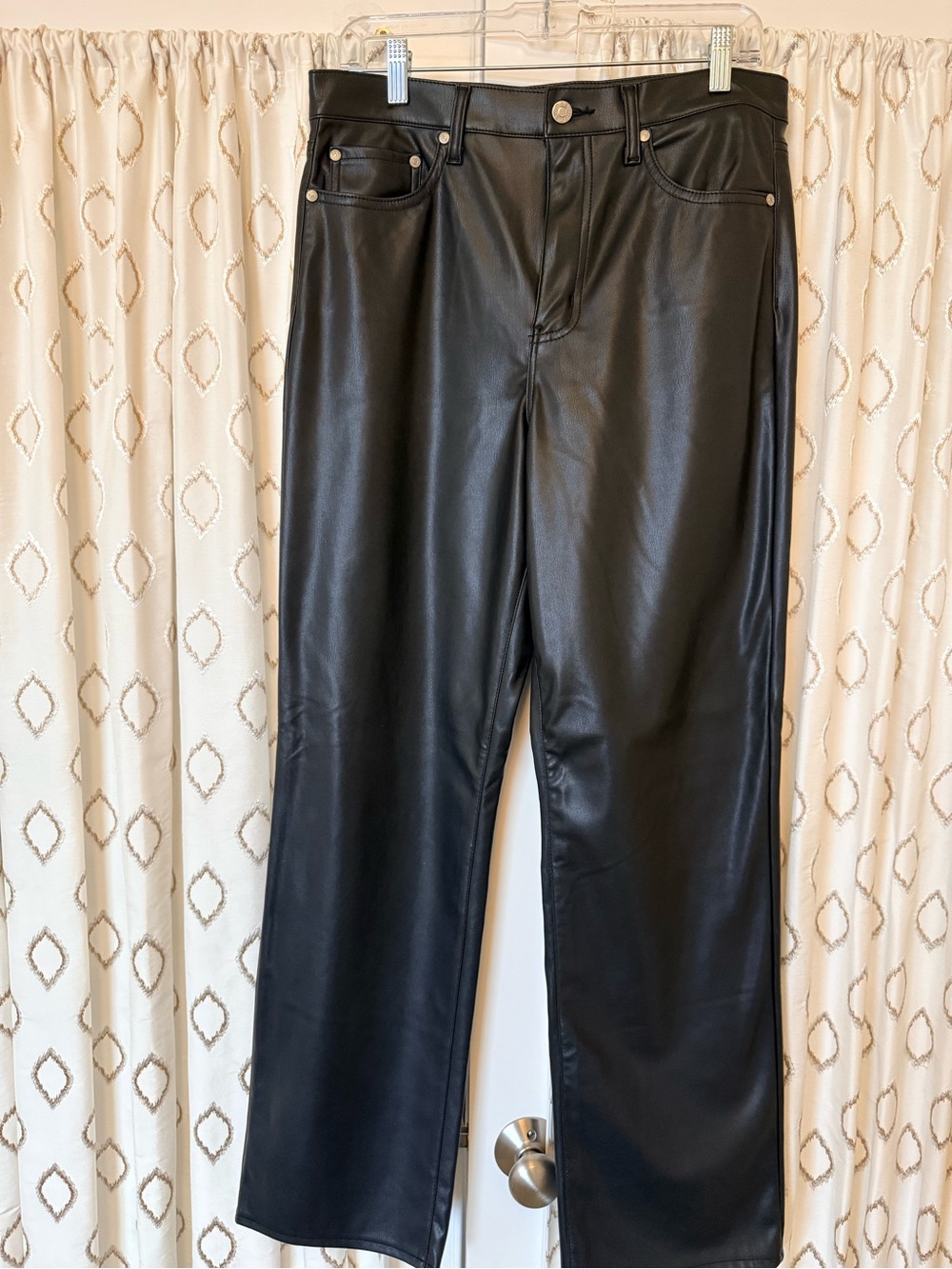 Black Faux Leather Womens Straight-Leg Jeans